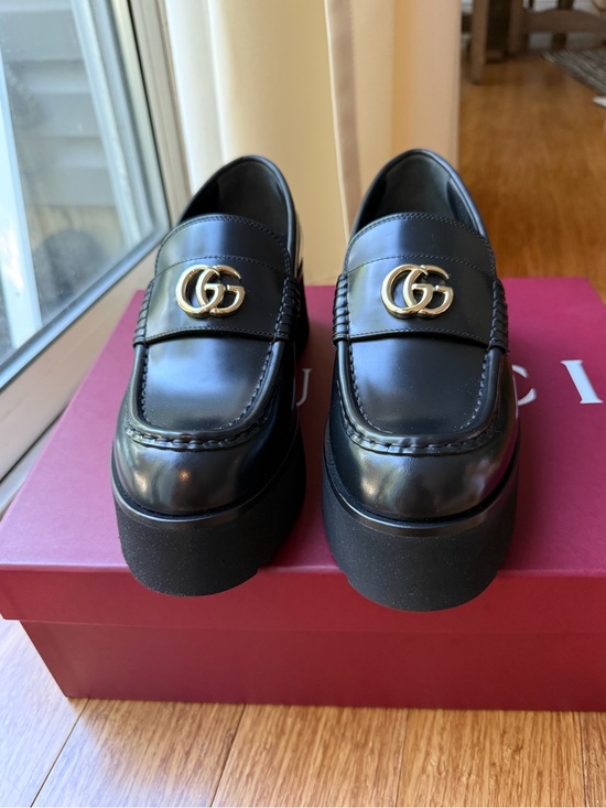 Gucci Shoes - Gucci Black Leather Platform Loafers with Gold GG Hardware
